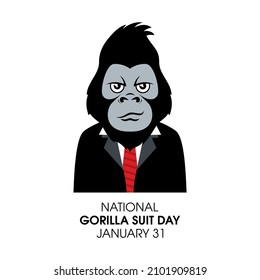 National Gorilla Suit Day vector. Funny smiling gorilla head icon vector. Gorilla businessman in a suit icon isolated on a white background. Monkey face cartoon character. January 31. Important day