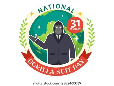 National Gorilla Suit Day Vector Illustration on 31 January with has the Head of a Gorillas is Dressed Neatly in a Suits and World Map in Background
