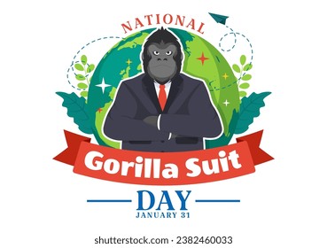 National Gorilla Suit Day Vector Illustration on 31 January with has the Head of a Gorillas is Dressed Neatly in a Suits and World Map in Background