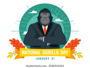 National Gorilla Suit Day Vector Illustration on 31 January featuring a Gorilla’s Head Neatly Dressed in a Suit in a Flat Style Cartoon Background