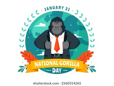 National Gorilla Suit Day Vector Illustration on 31 January featuring a Gorilla’s Head Neatly Dressed in a Suit in a Flat Style Cartoon Background