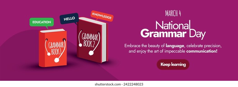 National Grammar Day. 4th March National Grammar day celebration cover banner minimal design in dark magenta colour theme with two cute books icon with names grammar book 1 and 2 respectively. 