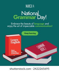 National Grammar Day. 4th March National Grammar day celebration banner with multiple cute books icons in different colours. Grammar day banner with cute books on dark green background vector.