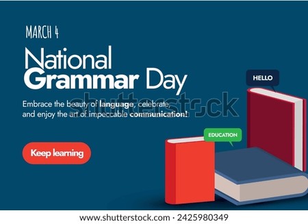 National Grammar Day. March 4, National grammar day celebration banner, card with multiple books in different colour. National grammar day simple and decent conceptual banner for the better learning.
