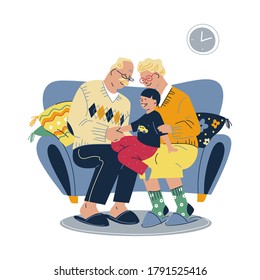 National Grandparents Day. Happy grandparents playing with grandson. Heartwarming family concept. Flat style vector illustration.
 