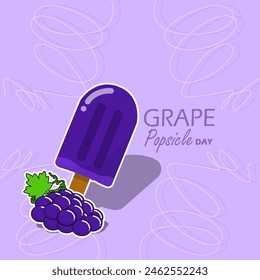 National Grape Popsicle Day event banner. Grape flavored Popsicle ice cream with fresh grapes on light purple background to celebrate on May 27th