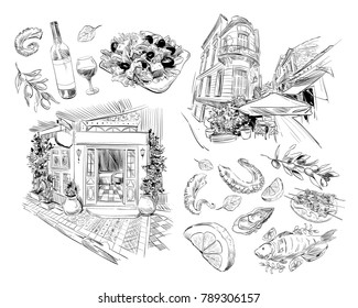 National Greek Cuisine. Cafe, Restaurant. Hand Drawn Vector Sketch. Design Food Illustration. Athens. Greece. Europe.