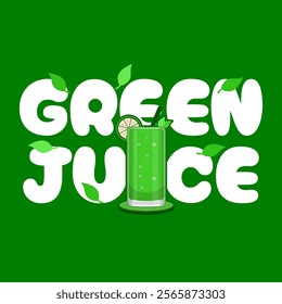 National Green Juice Day to celebrate on January 26th. Bold text with a glass of healthy green juice drink consisting of green fruit and vegetables. Drink event banner.