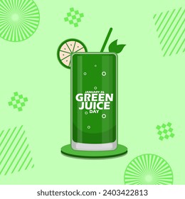 National Green Juice Day event banner. A glass of green juice on wooden plate, with bold text on light green background to celebrate on January 26