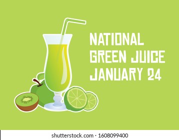 National Green Juice Day vector. Green fruit smoothie vector. Glass of juice with fruits icon. Fruit smoothie on a green background. Important day
