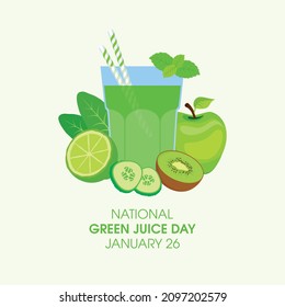 National Green Juice Day vector. Healthy green vegetable and fruit juice vector. Glass of green smoothie icon. Green Juice Day Poster, January 26. Important day