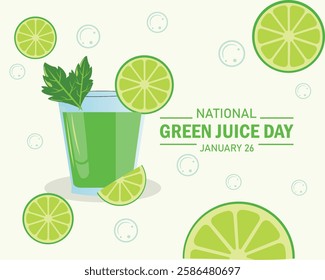 National Green Juice Day vector illustration. Glass of green juice with lemons and mint leaf icon. Glass with fresh ice summer drink vector.