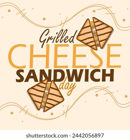 Banner del evento del Día Nacional del Sándwich de Queso a la Parrilla. Sándwiches de tostadas con relleno de queso sobre un fondo marrón claro para celebrar el 12 de abril