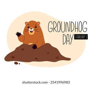 National groundhog day. February 2. Groundhog coming from the hole