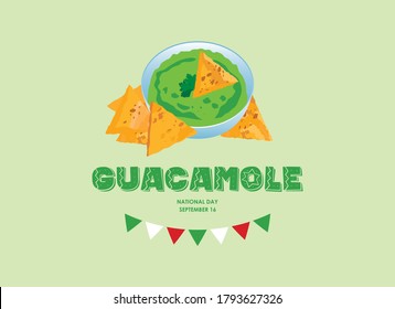 National Guacamole Day vector. Avocado guacamole salsa with tortilla chips vector. Traditional mexican sauce with corn nachos icon. Guacamole Day Poster, September 16. Important day