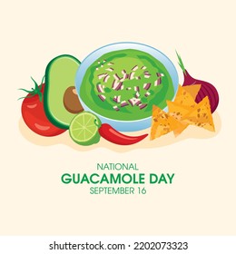 Vector del Día Nacional del Guacamol. Adagio de salsa guacamole con tortillas vectoriales. Salsa mexicana tradicional con icono de nachos de maíz. 16 de septiembre. Día importante