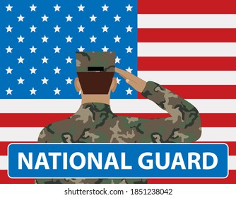 national guard concept, soldier in front of usa flag, vector illustration 