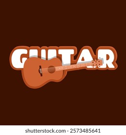 National Guitar Day to celebrate on February 11th. An acoustic guitar with bold text on brown background. Musical instrument events