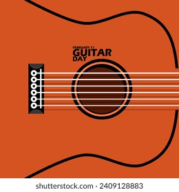 National Guitar Day event banner. An acoustic guitar with strings and sound hole, with bold text on orange background to celebrate on February 11