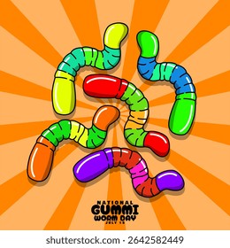 National Gummi Worm Day to celebrate on July 15th. Colorful gummy worm-shaped candies on orange background. Candy event banner.