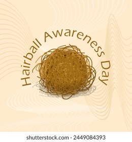 National Hairball Awareness Day event banner. Bundles of hair form a ball on a light brown background to celebrate on April