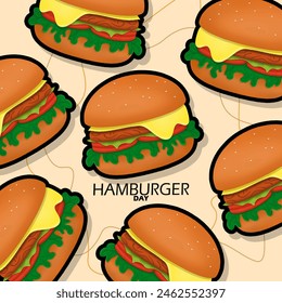 National Hamburger Day event banner. Illustration of several delicious food pictures of Hamburgers on light brown background to celebrate on May 28th