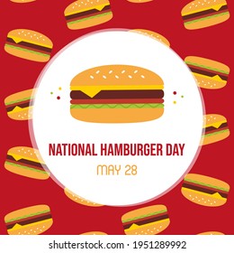 National Hamburger Day vector cartoon style greeting card, illustration with tasty hamburgers pattern. May 28.
