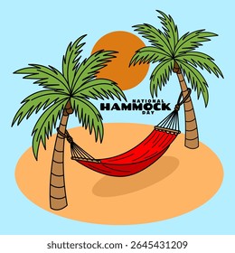 National Hammock Day to celebrate on July 22nd. A red hammock tied between two palm trees on a small island in the middle of the ocean.