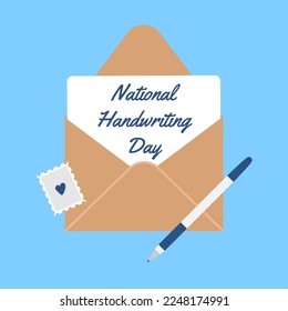 National Handwriting Day vector illustration. January 23. Envelope with a letter inside, a pen and a stamp. Holiday concept