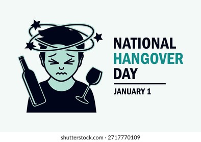 Ilustración vectorial de afiches del Día Nacional de la Resaca. Hombre borracho con resaca y dolor de cabeza icono. Sufriendo un hombre enfermo con migraña. Símbolo de intoxicación alcohólica. Plantilla para el fondo, Anuncio, tarjeta. 1 de enero