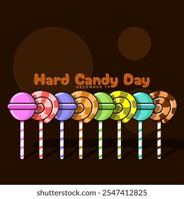 National Hard Candy Day to celebrate on December 19th. Various colors of lollipop and round candy sticks on dark brown background. Food event banner.