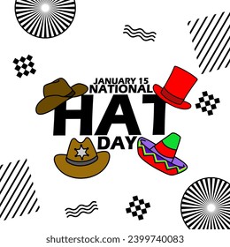 National Hat Day event banner. Several types of hats such as cowboy, sheriff hats, tall hats and sombrero with bold text on white background to celebrate on January 15th