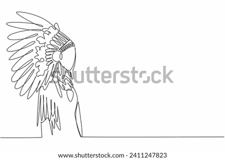 National Hat Day. One continuous line drawing of young beauty native Indian girl wearing traditional Apache tribe feather hat. Characteristic Indian tribe costume fashion. Vector illustration