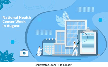 National Health Center Week in August. Healthcare, clinic center concept vector. Tiny doctots treat,  diagnose, carry out prevention, webinar. It is for landing page, UI, flyer, banner, website