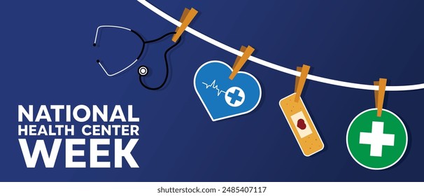 In: National Health Center Week. Stethoskop, Herzschlag, Banderolen und Plus-Symbol. Geeignet für Karten, Banner, Poster, Social Media und mehr. Blauer Hintergrund.