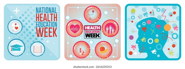 National Health Education Week with health and education symbols,  focusing on community health, well-being, and medical resources. Set flat vector illustration