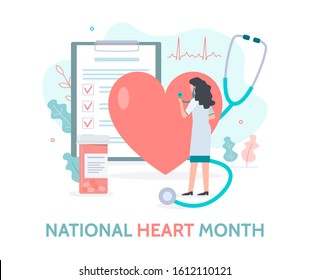 National heart month banner. The doctor listens to the heart with a stethoscope. Flat vector illustration.