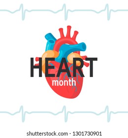 National heart month concept. Design with typography and human heart in flat style, vector