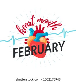 National Heart Month Concept. Design With Typography And Human Heart In Flat Style, Vector