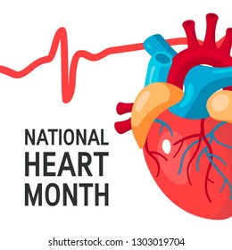 National Heart Month Concept. Design With Typography And Human Heart In Flat Style, Vector