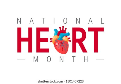 National Heart Month Concept. Horizontal Design With Typography And Human Heart In Flat Style, Vector