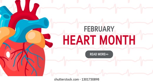 National heart month concept. Horizontal design for web banners in flat style, vector
