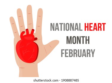 Vector de concepto del Mes Nacional del Corazón. Enfermedades cardíacas con bolsa médica y electrocardiograma. Plantilla médica de hipotensión e hipertensión. Campaña de protección estadounidense en febrero. 