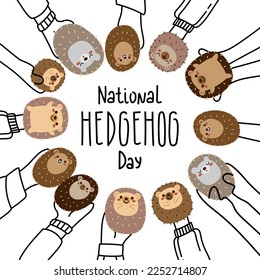 National hedgehog day vector. Cute hedgehogs in human hands. Home pet. Hedgehog day poster, February 2.