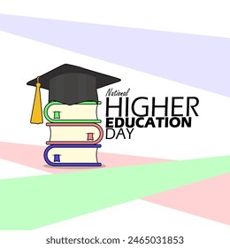 National Higher Education Day event banner. A toga hat on a pile of thick books on white background to celebrate on June 6th