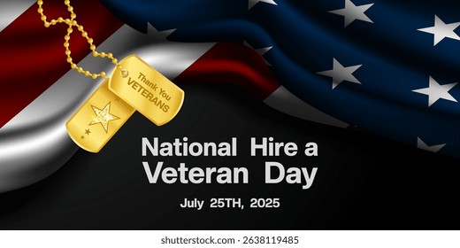 National Hire a Veteran Day. American flag and military tags. Great for posters, banners and social media. Black background.
