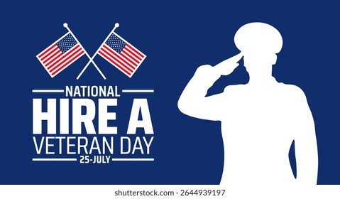 National Hire A Veteran Day background or banner design. Saluting Soldier Silhouette and American Flags on Blue Background for Supporting Veteran Employment.