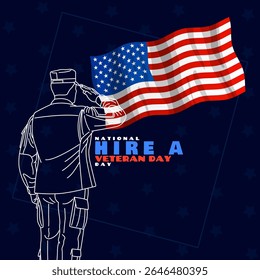 National contrate um Dia dos Veteranos para comemorar em 25 de julho. Ilustração de arte de linha de um veterano saudando uma bandeira americana voadora em um fundo azul escuro.