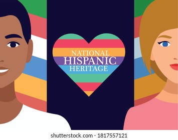 national hispanic heritage celebration with couple and lettering in heart vector illustration design