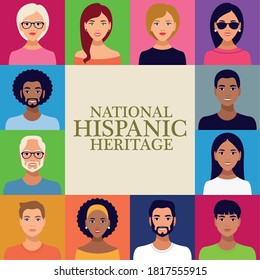 national hispanic heritage celebration lettering with group of people in square frame vector illustration design